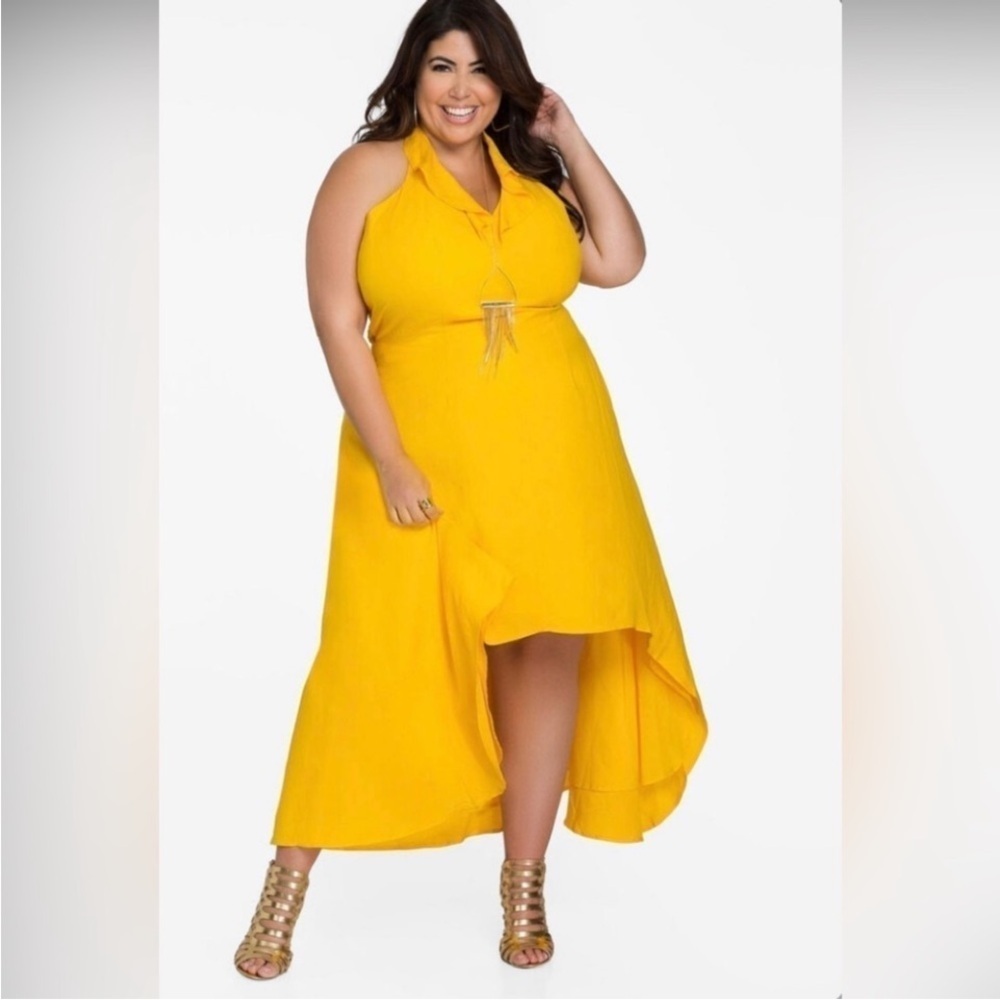 Ashley Stewart Yellow Maxi Dress, Ruffled neck Halter, 22 / 24